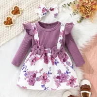 Rochie pentru copii cu mânecă lungă, drăguță, cu imprimeu floral și volane