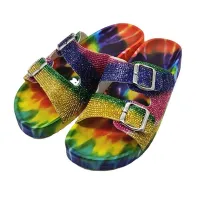Women's trendy original modern orthopedic slippers with rainbow motif and decorative stones