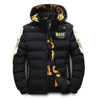 Winter warm windproof cotton jacket with hood for men, filled with feathers