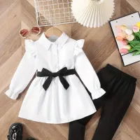 Girl's stylish set: shirt with long sleeve, belt and pants with calls - ideal for spring and autumn