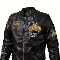 Men's leather jacket with embroidery in casual style, elegant vintage motorcycle style