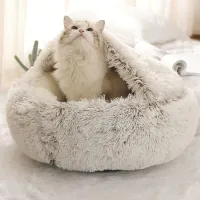 Soft donut-shaped teddy bed with hood for small dogs and cats