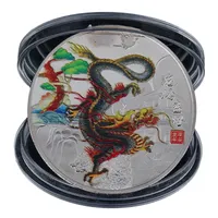 Monedă comemorativă cu dragon chinezesc de 4 cm - Monedă de colecție cu dragonul zodiacului chinezesc - Monedă chineză aurită pictată cu dragon - Monedă metalică pentru anul Dragonului în suport transparent