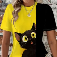 Women's T-shirt with cat print and round neckline