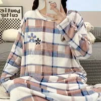 Flannel nightdress with floral and plaid printing