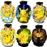 Stílusos unisex kapucnis pulóver kenguruval és Pokémon Pikachu nyomattal