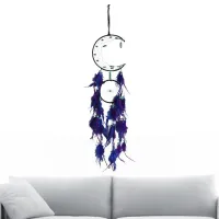Design handmade dream catcher - moon shaped, with feathers, tuning into purple color