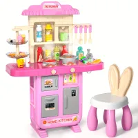 Set de jucării de bucătărie pentru fetițe mici, jucărie set de bucătărie cu mâncare și scaun pentru fetițe de 3-8 ani, accesorii de bucătărie cu spray luminos și sonor pentru copii fetițe mici