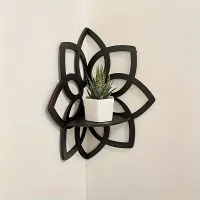 Black mandala floral wooden wall shelf - carved corner display for crystals & stones