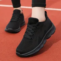 Women's breathable and shock absorbers sports shoes, single color laced running shoes, light slippery travel boots