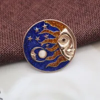 Retro Milky Way Stars and Moon Helios Badge Round Oil Drop Diamond Pearl Brooch