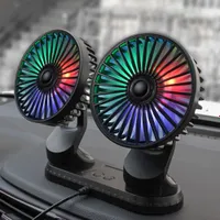 USB car fan Double head powerful 3 speed summer double head fan with low noise Auto car cooler with LED lights