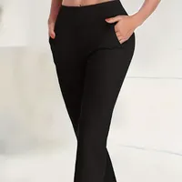 Pantaloni eleganți cu talie înaltă pentru femei plinuțe - elastici în talie, ușor elastici, cu pantaloni drepți, cu buzunare