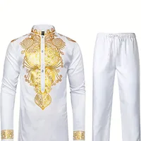 Men's African Complete: Long Sleeve with Motif Gold Dashiki and Pants - Traditional Suit