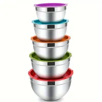 Stainless steel bowls with coloured lids - Set of stackable cooking, baking, serving and storage bowls