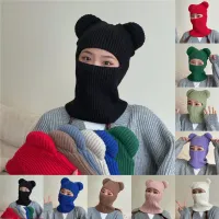 Unisex winter knit single color mask with bear ears