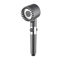 Three-mode shower head with adjustable high pressure, water saving, water stop button and massage shower head