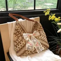 Women's straw bag with large capacity and lace bow for summer