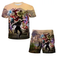 Stylish sporty kids set of shorts and T-shirt with the motif of the popular Avengers Kirby