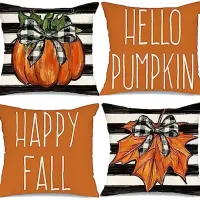 Autumn linen square pillowcase with striped pattern and inscription "Hello Pumpkin"