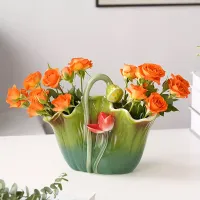 Vase en céramique en forme de feuille de lotus avec peinture à la main, étanche, avec fonction de support pour fleurs et couverts