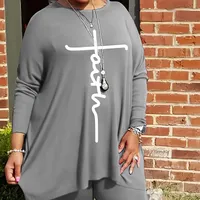 Dámský dvoudílný set oblečení Plus Size v ležérním stylu: Dlouhý rukáv s kulatým výstřihem a mírně elastický top s potiskem písmen a legíny