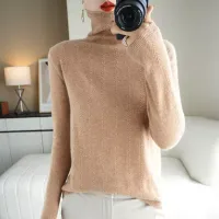 Stylish sweater for women with high collar, with long sleeves and knitted