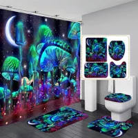 4-part waterproof bathroom set with mushroom motif - anti-slip mat, shower curtain, toilet cover and preposition - complete bathroom decoration
