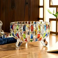 Elegant glass chocolate with lid and knitted pattern, multicolored mosaic, decorative dish for refreshments