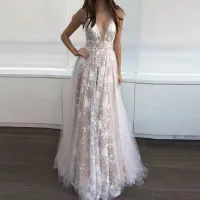 Romantic Trimmed Neckline Lace Maxi Wedding Dress Ball Gown