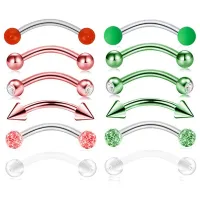 Colourful curved eyebrow piercing with spikes and ball - set of 6