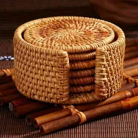 Rattan knitting mug mat with holder and storage box