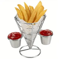 Metal serving basket for fries with 2 sauce bowls and a chicken wing basket