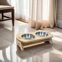 An elevated wooden feed set for cats with stainless steel bowls - anti-slip, neck protection