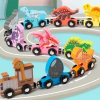 Set de tren magnetic din lemn cu dinozauri - reversibil, jucărie educativă