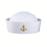 Adjustable white sailor cap captain with gold embroidery for costumes and thematic parties