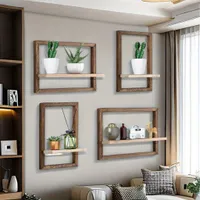 Rustic square wooden wall shelves - 4 pieces in set