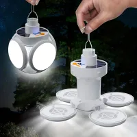 Solar folding light, portable USB rechargeable LED light bulb with power display, camping, hiking and fishing