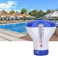 Pool float for chlorine tablets with thermometer