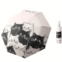 Automatic black and white umbrella with cute cartoon cats
