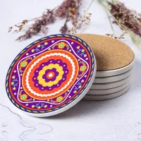 Enamel coaster with mandala pattern and cork base