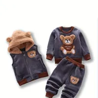 Completo 3 pezzi da bambino con orsetto: gilet in pile con cappuccio, maglione in velluto e pantaloni della tuta, abbigliamento da bambino per primavera, autunno e inverno