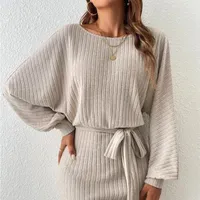 Women's Sexy Bodycon Dress with Striped Sleeves and String on Front for Spring and autumn Period