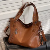 Sac à main vintage pour femme à bandoulière avec zip et grande capacité en cuir PU - tote à la mode