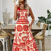 Summer maxi dress with ethnic print and tied shoulder