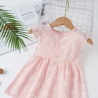 Cute cotton dress with short sleeves and all-round daisy printing for girls