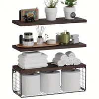 Wooden floating shelves for bathroom accessories, with baskets for paper handkerchiefs and toilet paper, for organizing bathrooms