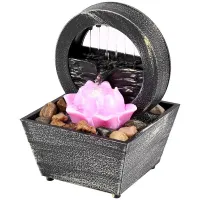 Fontaine décorative d'intérieur Fontaine d'eau de chambre avec fleur de lotus rose Décoration lumineuse avec eau qui coule alimentée par USB ou 2 piles AA 17 x 11,5 x 11,5 cm