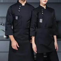 Universal professional chef coat in single-color design with collar and simple closure for men and women