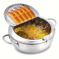 Deep frying pot with thermometer and lid - stainless steel, Japanese style